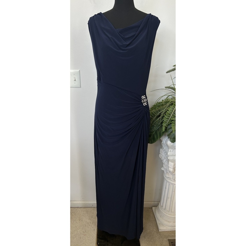 Lauren Ralph Lauren Sleeveless Stretch Jersey Cowell Neck Gown Navy Blue Sz 18W